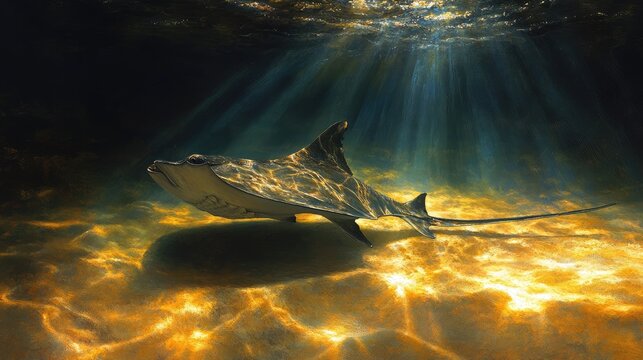 Giant devil ray gliding along the sunlit ocean floor, its coloring blending with deep shadows and shifting surface light 
