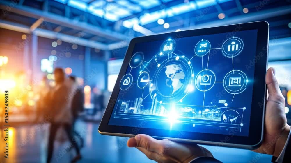 Aufkleber digital technology and global network connection on tablet with futuristic building background