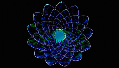 abstract neon glass flower on black background, minimalistic abstract background