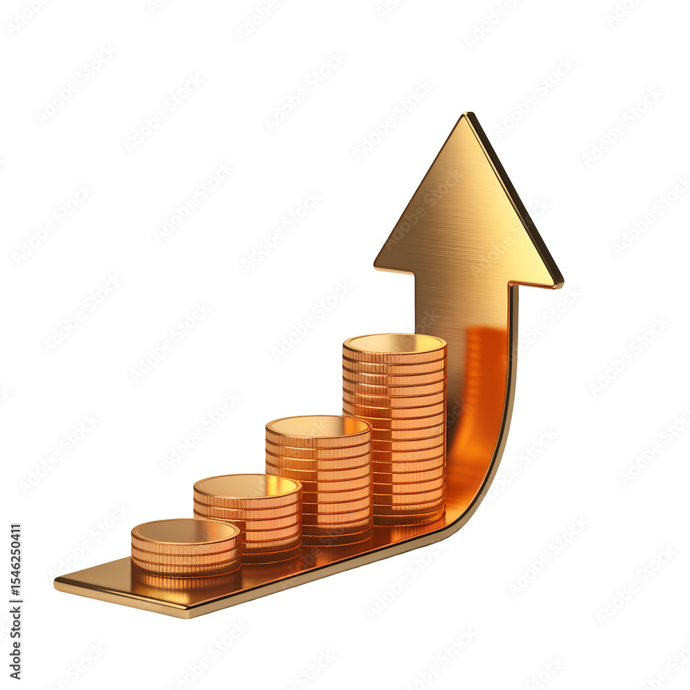 Poster gold coin stacks ascending on a golden arrow 3 d render isolated on a transparent background coins