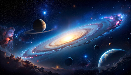 Naklejka premium Vast spiral galaxy, numerous planets, and nebulae in deep space