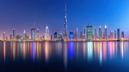 Obraz premium Stunning Dubai Skyline at Twilight with Reflections on Water Surface