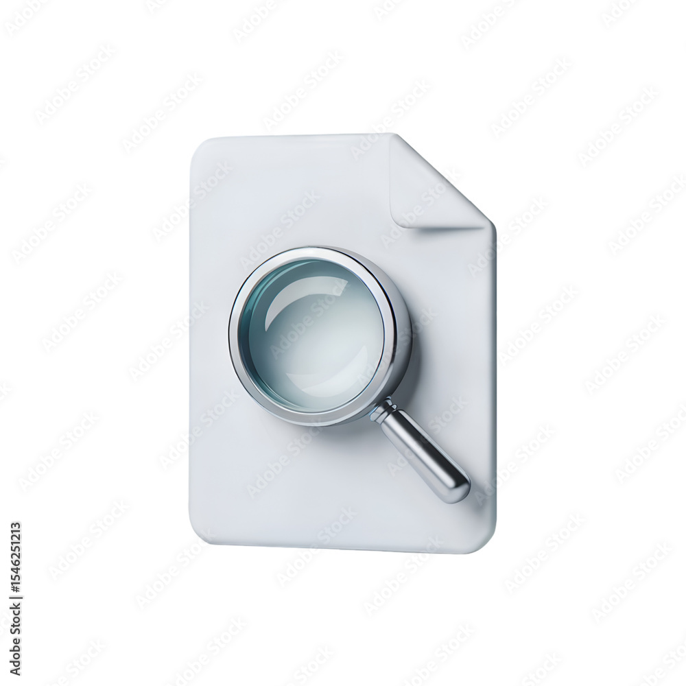 Poster sleek 3 d render of a white document icon with a silver magnifying glass on top isolated on a transp