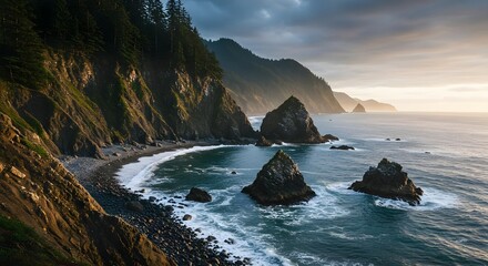 Coast, Cliff, Ocean, Dramatic Coastal Cliffs and Ocean at Sunset