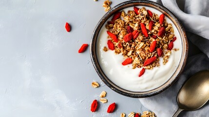 Granola with Goji Berries and Plant-Based Yogurt Flatlay