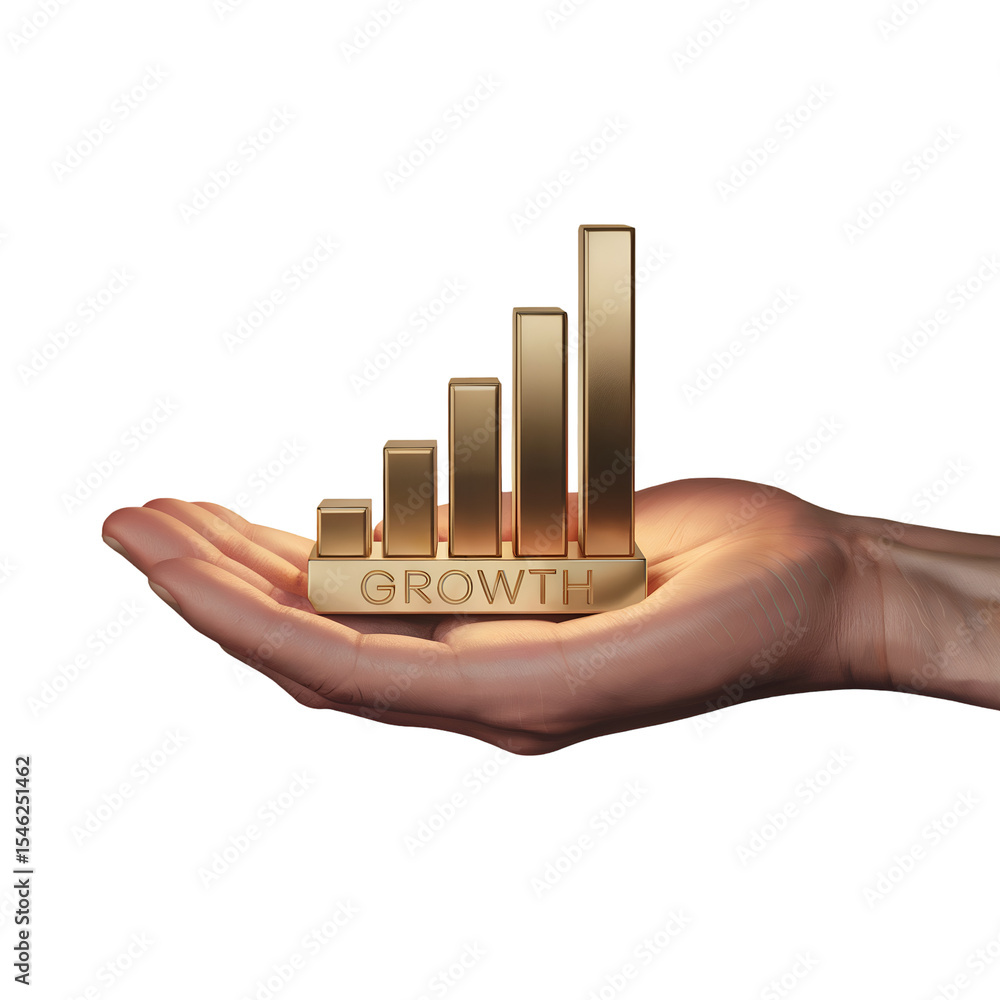 Poster a realistic 3 d render of a gold bar graph showing growth held in an open palm against a black backg