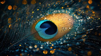 Detailed close-up peacock feather with water droplets