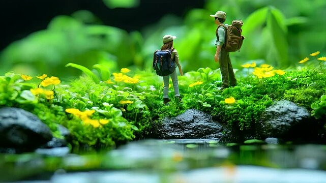 Miniature Hikers on a Lush Green Micro-Landscape with Reflecting Water Scenery