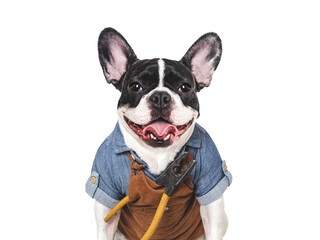 Cute puppy, work apron and pliers. Dog smile, Closeup, indoors. Studio shot. Congratulations for family, relatives, loved ones, friends and colleagues. Pets care concept