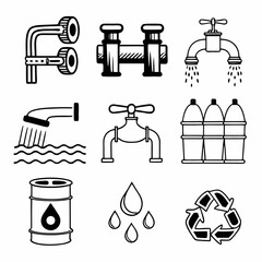 "Water Infrastructure Icons Set – Thin Line Style for Engineering, Utilities, and Environmental Projects"