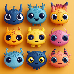 Fototapeta premium Printable Sticker Bundle of alien creatures with expressive eyes, tiny antennas, and funny glowing colors generative AI