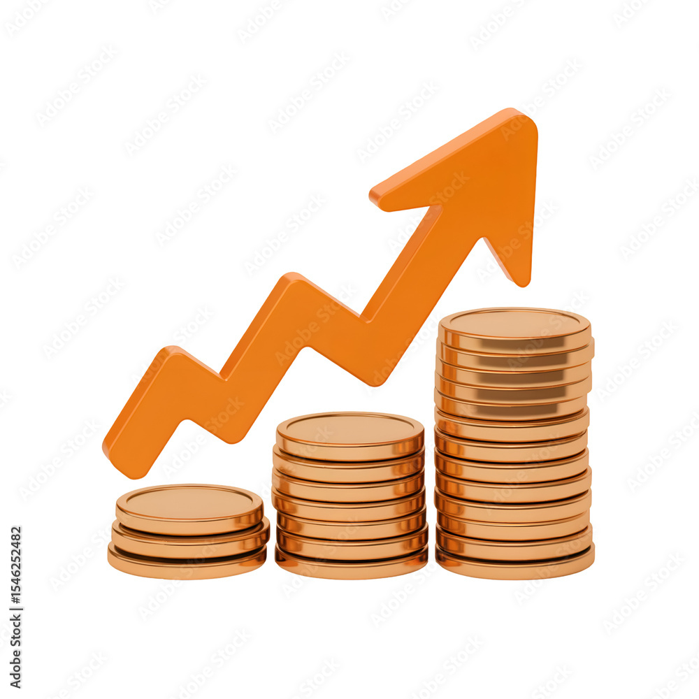 Poster three stacks of shiny copper coins with an upward trending orange arrow 3 d render isolated on white