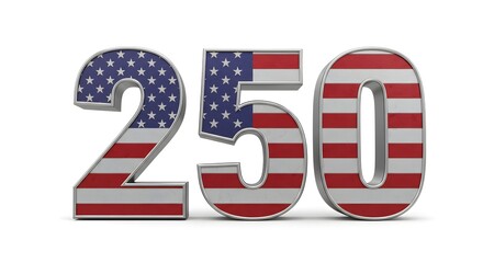 Digitally rendered numbers 250, each adorned with the American flag design, isolated.