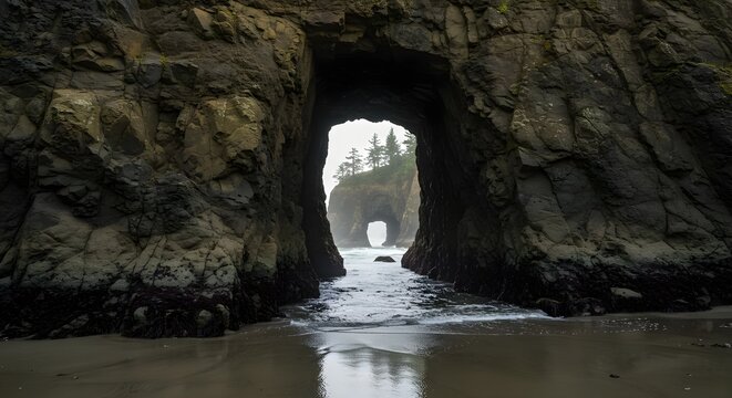 Ocean, Arch, Archway, Ocean Archway on a Misty Beach