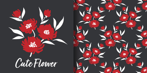 Cute flowers banner and seamless pattern of lovely red bouquet with white leaves on black background.