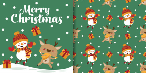 Christmas holidays banner and seamless pattern of cute snowman and reindeer wearing red scarf with gift box, snowflakes and Merry Christmas text on green background.