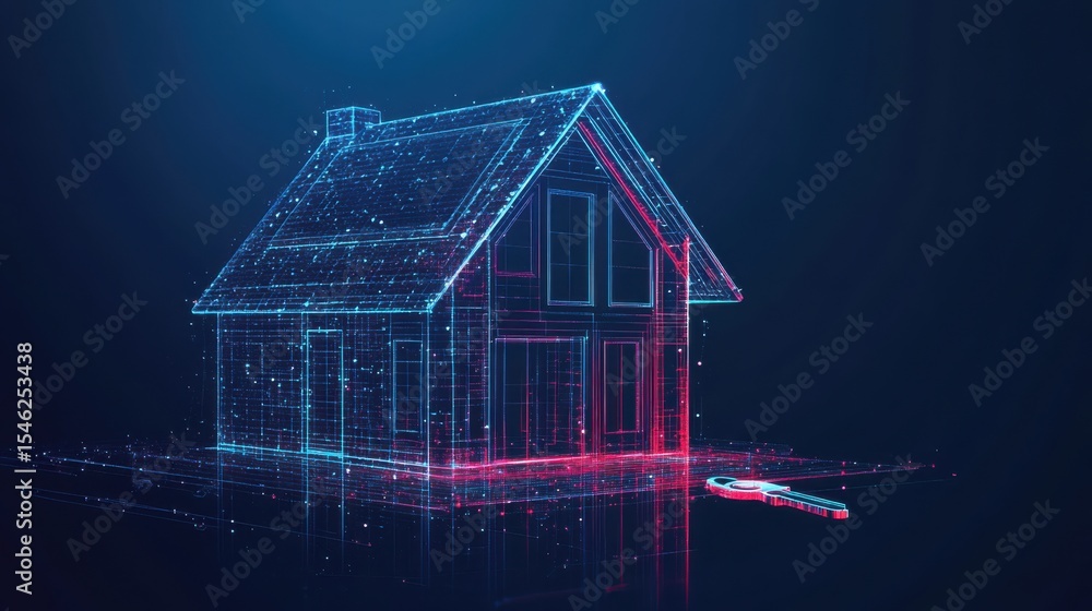 Poster digital blueprint of a house with a key symbolizing smart home technology concept