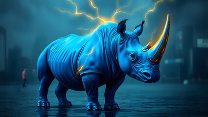 Obraz premium Neon Rhino in Thunderstorm with Glowing Horn
