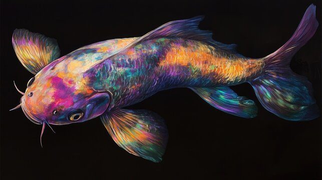 lowbrow art, semi realism, painted by top Japanese illustrator, a magical glowing giant koi fish with ghostly eyes on black background
