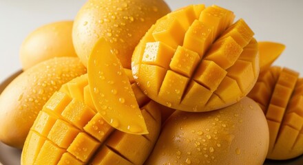 Close-up of diced mangoes with water droplets.