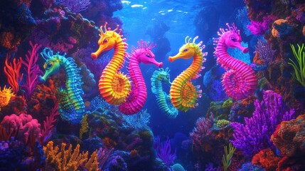 A fantastical underwater scene featuring a vibrant group of seahorses in neon rainbow colors