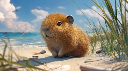 a cute fluffy baby capybara is playing in the beach happily, realistic style, 