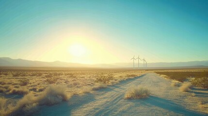 Fototapeta premium Serene Desert Landscape with Wind Turbines and Golden Sunlight at Dusk