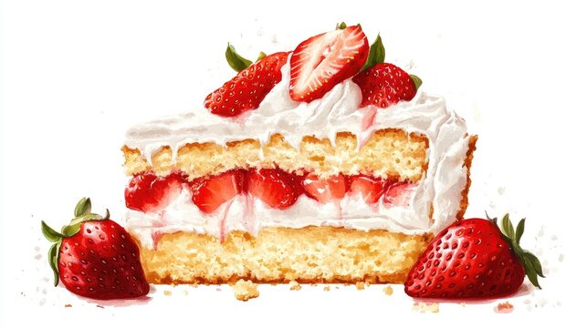 A slice of strawberry shortcake with whipped cream, realistic oil painting style