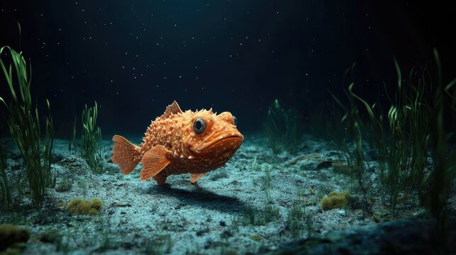 a frogfish walking on the ocean ground in realistic style, ocean coral and vegetation, dark ambient 