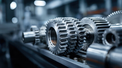Fototapeta premium Close-up of metal gears in a mechanical machine, showcasing the precision and intricate design. The image evokes a sense of industry and technological advancement. 