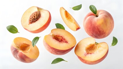  Whole and sliced peaches suspended in midair isolated on transparent background.