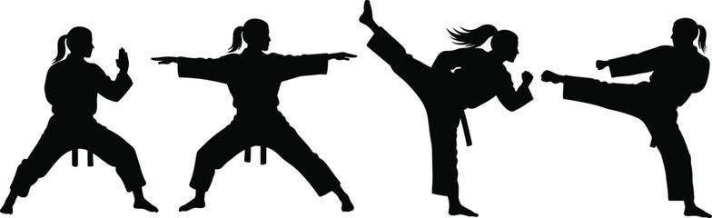 PrinMartial arts female silhouette, karate kick pose, woman practicing martial arts, taekwondo pose illustration, black belt training actio