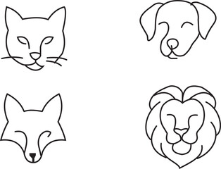 Minimalist Line Art of Cat, Dog, Fox, and Lion Faces – Elegant Black and White Animal Vector Illustrations