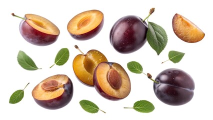 Whole and sliced plums suspended in midair isolated on transparent background.