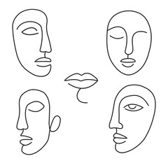 Continuous One Line Abstract Drawing of Faces and Lips – Modern Minimalist Wall Art Illustration in Black on White