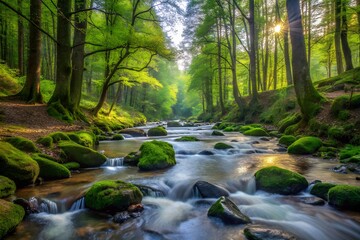Obraz premium Serene stream flows through lush green forest at sunrise, mossy rocks
