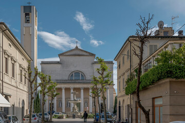 Via Lotti street and the Cathedral of Pontedera, Italy, on a sunny day