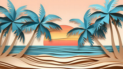 Obraz premium 3D paper cut style of beach with palm trees, sun, ocean waves, and sand, layered soft pastel colors, no text