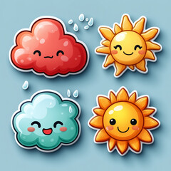 Fototapeta premium Printable Sticker Bundle of funny cartoon weather icons, featuring a sleepy rain cloud, a happy thunderbolt, a winking snowflake, a surprised wind swirl, and a beaming sun generative AI