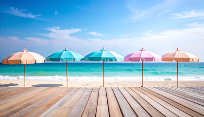 Fototapeta premium Four pastel beach umbrellas line a wooden boardwalk overlooking a tranquil turquoise ocean under a bright, partly cloudy sky