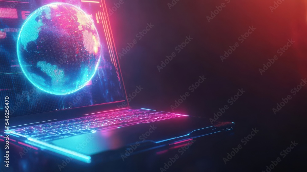 Poster futuristic laptop displaying abstract globe in neon colors and digital interface