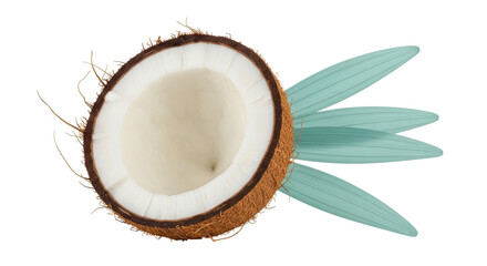 Isolated Half Coconut with Leaves