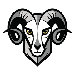 Stylized Gray Ram Head with Yellow Eyes Illustration, Detailed Horns