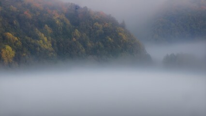 Misty morning over a calm mountain lake, reflecting the serene autumn forest and soft sunrise clouds