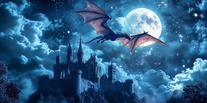 Majestic Dragon Soaring Over Enchanting Castle Under a Full Moon