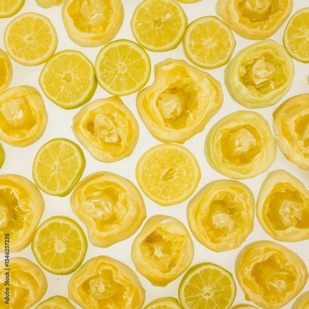 Poster a close up of a bunch of oranges and lemons with the lemons being cut in half. the oranges and lemon