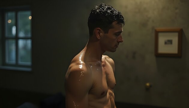 A shirtless fit man stands indoors with a framed picture and a window in the background His skin is shiny - Powered by Adobe