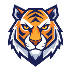 Stylized Tiger Head Mascot Design Orange and Black Stripes, Fierce Expression, Navy Blue Accents