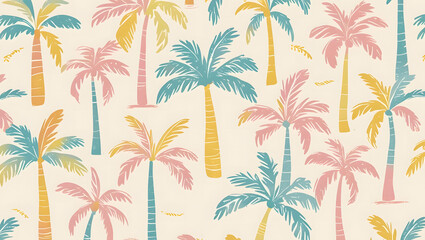 Seamless pattern of hand-drawn palm trees in pastel colors on light beige background, tropical summer theme