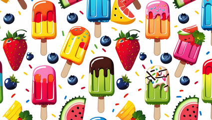 Seamless pattern of colorful popsicles, ice cream cones, and summer fruits on white background, cheerful and playful design